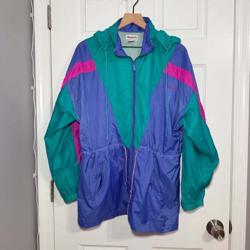 1990s Reebok Sport Windbreaker Jacket Colorblock Purple Teal Pink Hooded M